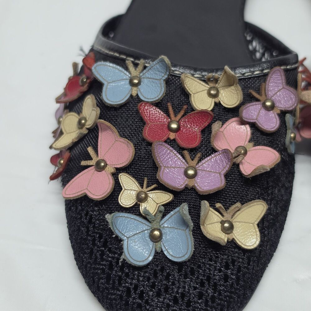 Vintage 90s Y2K Max Studio Black Mules Leather Butterflies Accent Women's 7.5 - Picture 3 of 10